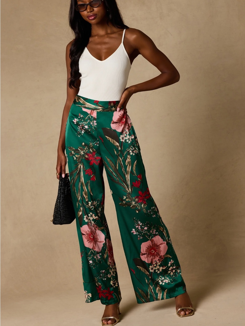 Lulu's Emerald Green Floral Wide-Leg Pull-On Pants